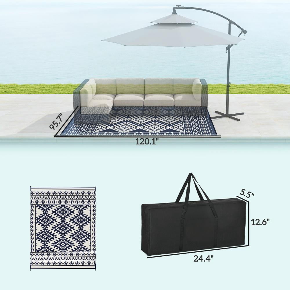 8' x 10' Blue & White Rhombus Border Reversible Outdoor Rug, Waterproof Patio Camping Mat with Carry Bag, Foldable Portable RV Carpet