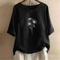 thumbnail image 3 of WREESH Womens Fashion Linen Shirts Loose Printed T-Shirt Short Sleeves Blouse Round Neck Casual Tops Black, 3 of 5
