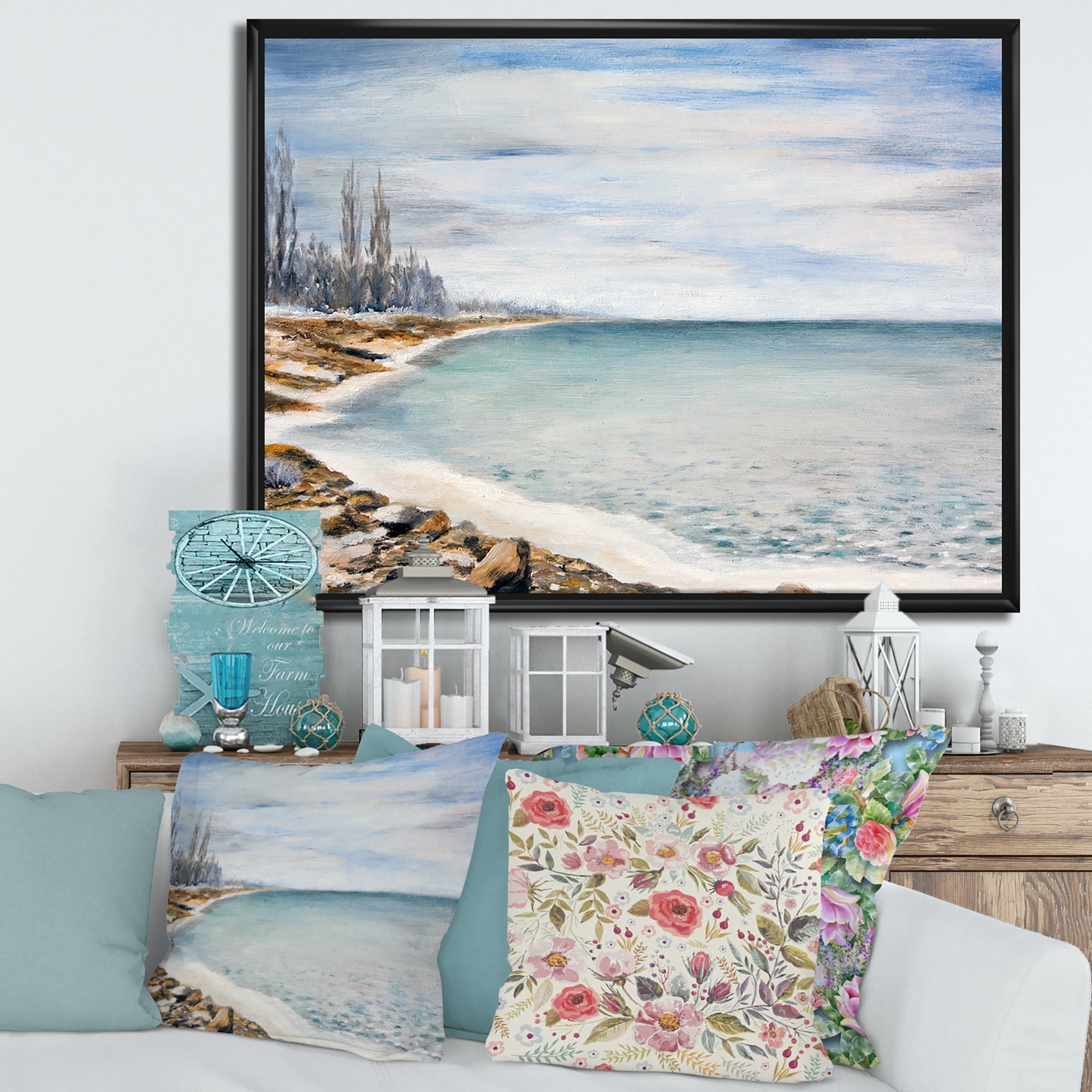 Designart 'Beach Is Covered With Ice' Nautical & Coastal Framed Canvas Wall Art Print