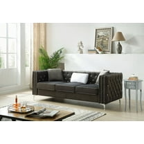 Living Room Modern Gray Velvet Sofa 220cm with Tufted Design and Faux Diamond Buttons