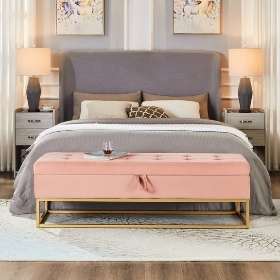 Pink Velvet Hallway Organizer With Storage - 58.6" Metal Base Bench And Versatile Option Suits Living Room Bedroom