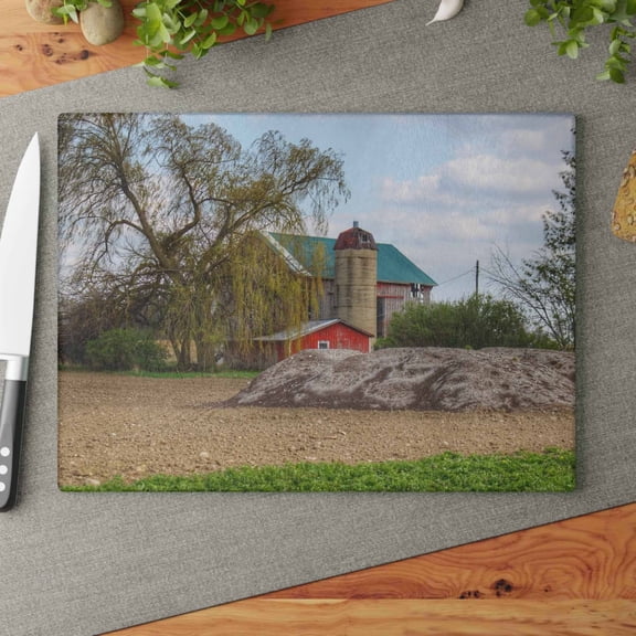 U R There Photography Cedar Creek Road Red Rustic Farmhouse Tempered-Glass Cutting Board 11"x 15"