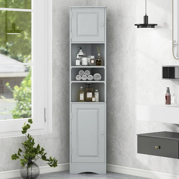 Harper & Bright Designs Gray Bathroom Corner Cabinet with Doors, Modern Triangle Cabinet with Adjustable Shelves for Bathroom