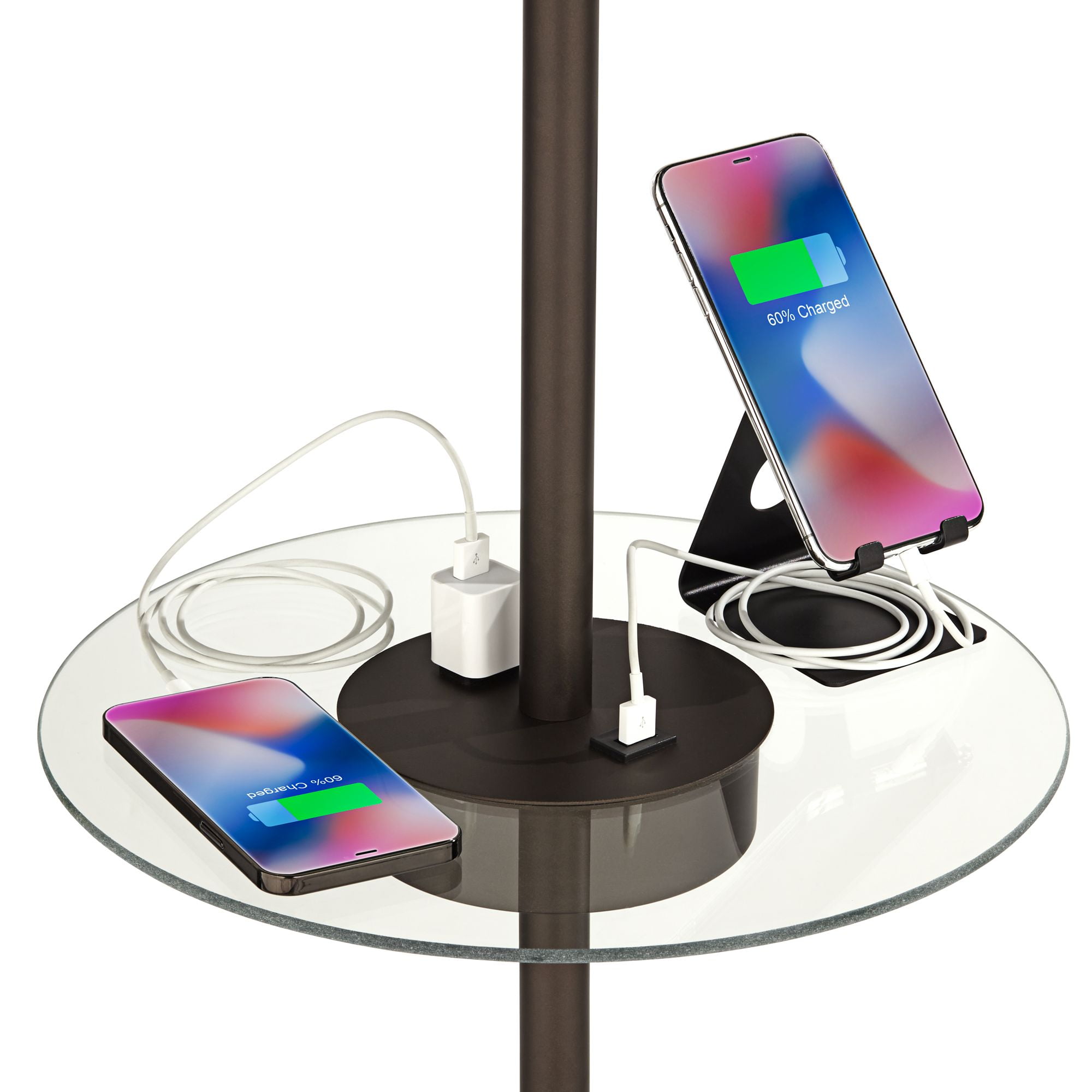 360 Lighting Caper Modern Floor Lamp with Tray Table 60 1/2" Tall Bronze USB and AC Power Outlet Off White Fabric Drum Shade for Living Room Office