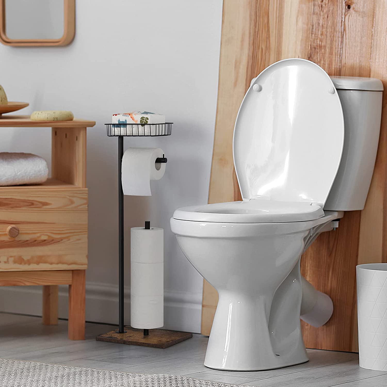 Freestanding Black Toilet Paper Holder Stand with Wood Base and Basket