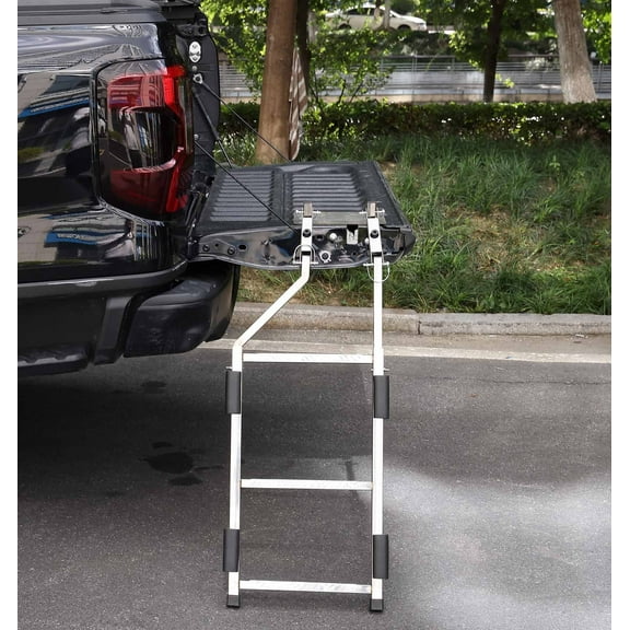 LCOKEIY Truck Tailgate Ladder, Pickup Tailgate Rack with Aluminum Anti-slip Step , Adjustable Height, Capacity 400 lbs, Silver