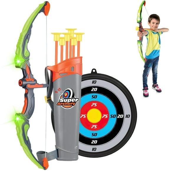 Bow and Arrow Toy Set for Kids LED Light Up Archery Set with 6 Suction Cups Arrows Target and Quiver Detachable Outdoor Arrows Play Toys for Children Boys Girls Birthday Christmas Gift