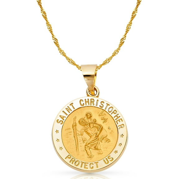 14K Yellow Gold St. Christopher Charm Pendant with 1.5mm Singapore Chain Necklace