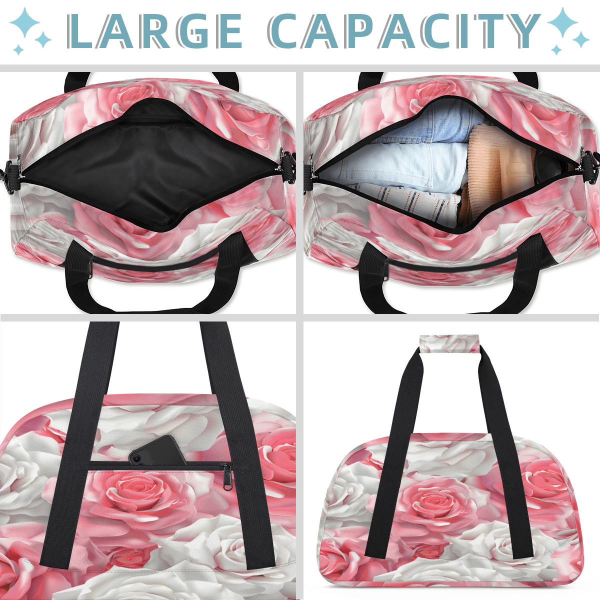 Herdesigns Rose Floral Sports Duffle Bag for Women & Men, Gym Bag Dance Bag Overnight Bag Carry On Weekender Travel Bag