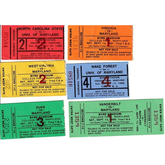 6 1986 1987 1988 Maryland Terrapins football ticket stubs