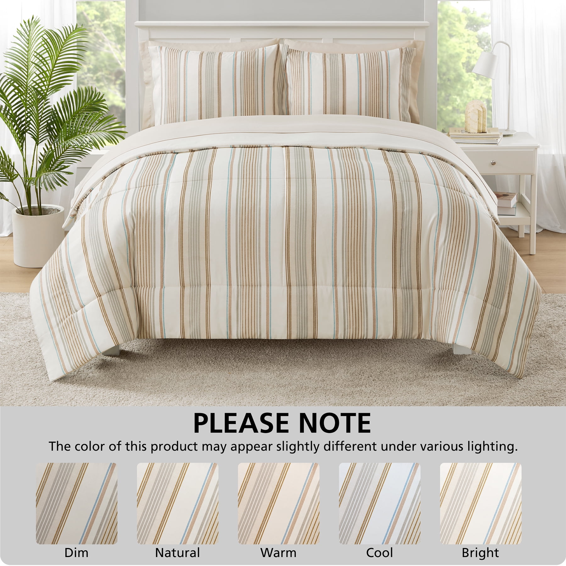 Mainstays All-In-One Reversible Comforter and Sheet Set - 7 Piece, King, Beige Stripe