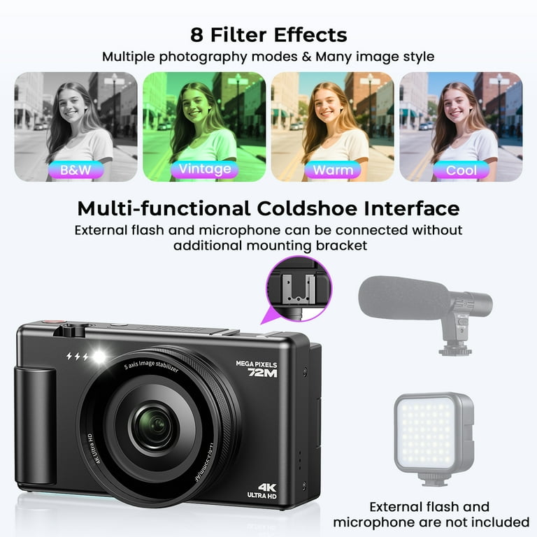 Campark 72MP Digital Camera, 4K Video, 18x Zoom, 270° Flip Screen