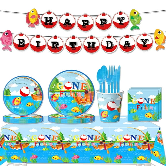 JMOCD 142Pcs Blue fishing Party Tableware Set, Birthday Party Supplies Decorations Set, tablecloth,Banner,Plates, Cutlery,Cups,20 Guests