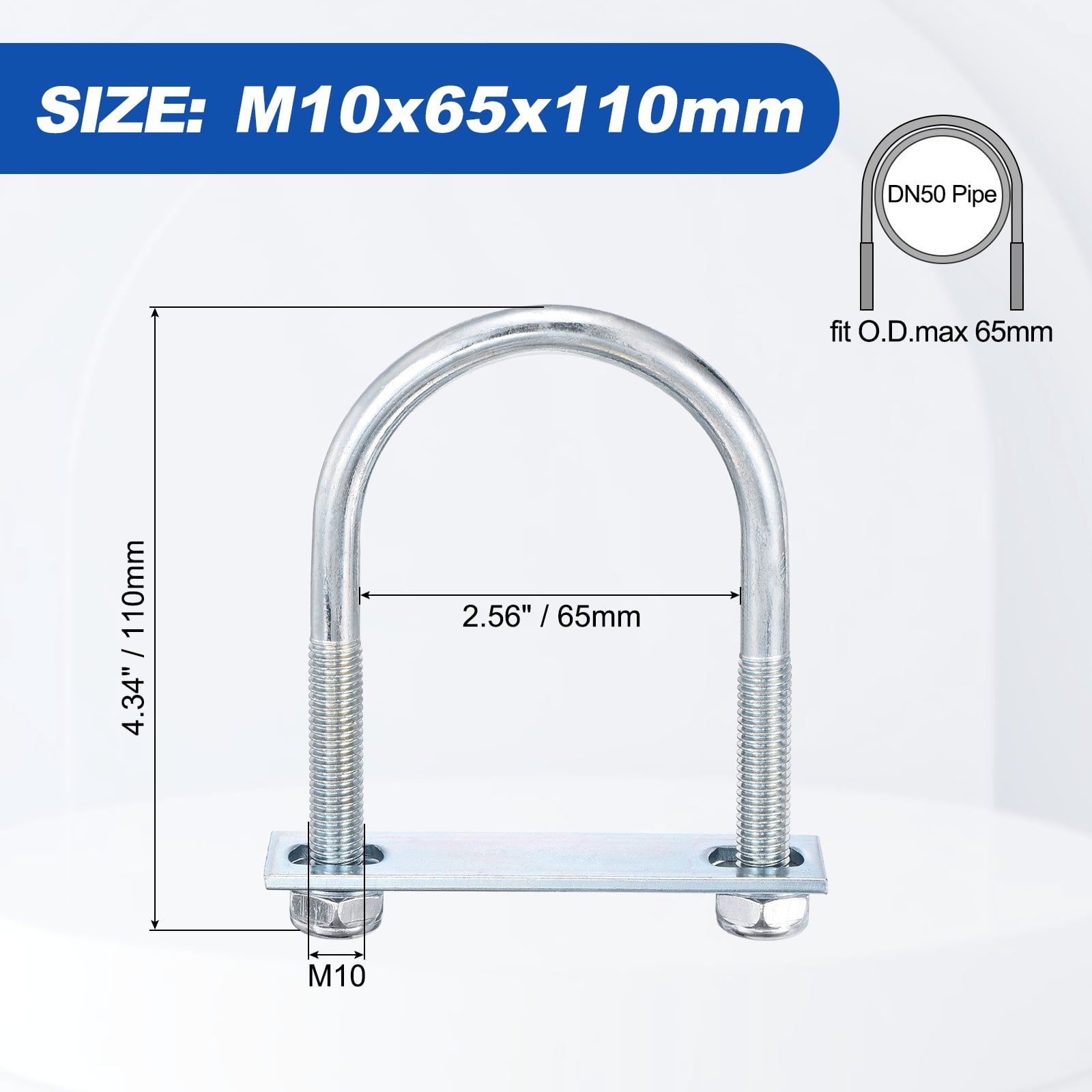 U Bolts 4Set (M10x65x110mm), Round U Bolt Kits DN50 Carbon Steel with Nylon Lock Nut Washers Plates - for Construction, Pipe, Trailer, Automotive, Leaf Spring Fastener