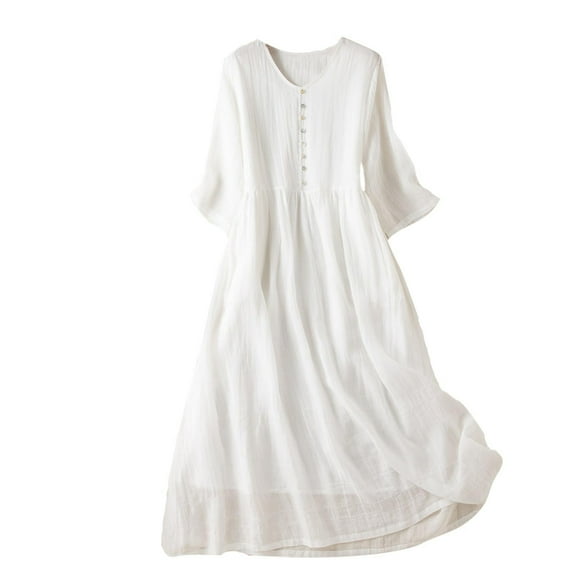 Aobny Womens White Linen Spring Dresses Midi V-Neck Summer Dresses for Women 2025