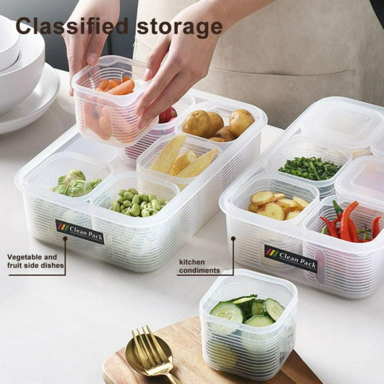 Food Storage Containers with Lids Airtight,Plastic Reusable Fresh Produce  Fruit Storage Organizer Storage Bin with 6 detachable small boxes for