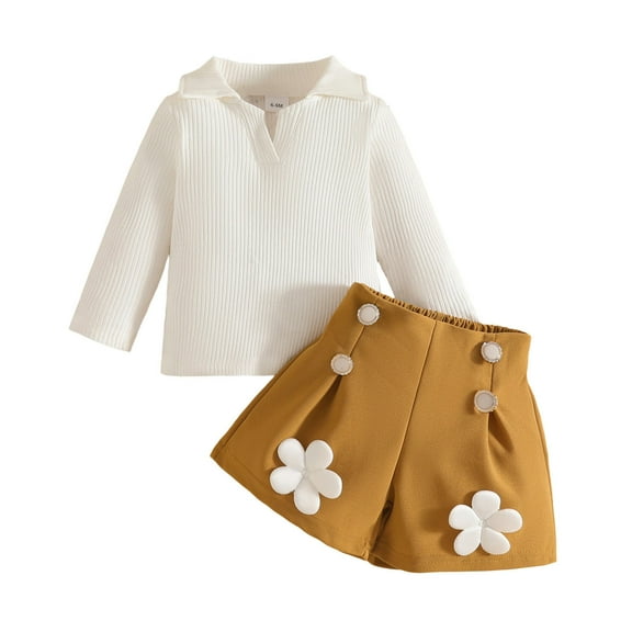 Bysome Toddler Girls Outfit Set Long Sleeve Ribbed T Shirt Tops Floral Shorts Outfits Crew Neck Cute Print Girl 2 Pieces Clothes Set Khaki Size 9-12 Months