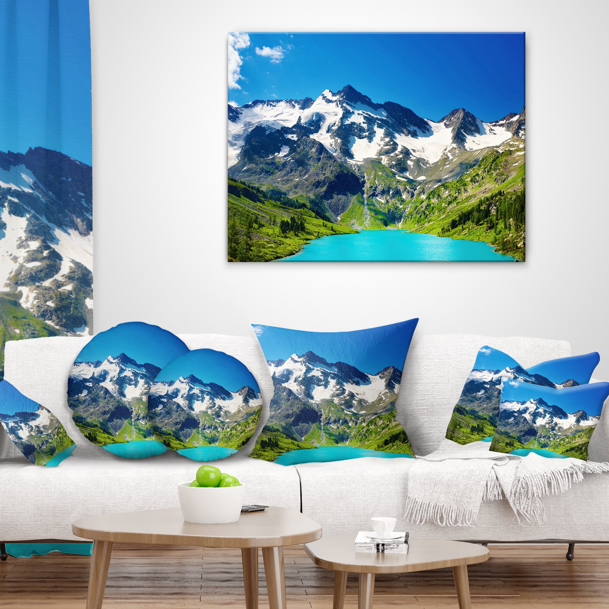 Designart Green Mountain Lake - Photography Throw Pillow - 12x20