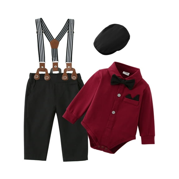 Baby Boy Suit Clothes 0-18M Infant Tuxedo Long Sleeve Gentleman Outfits Suspender Pants Bowtie Hat