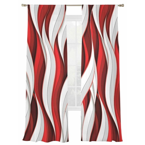 Red White Stripes Sheer Curtains for Living Room Bedroom, Light-filtering Sheer Curtain, Abstract Geometric Aesthetic Striped Rod Pocket Voile Window Treatment Drapes, 52’’Wx96’’L, 2 Panels Set