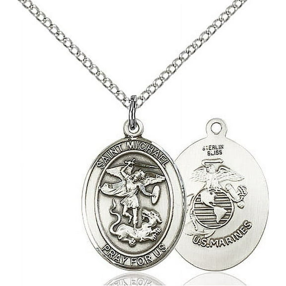 Sterling Silver St. Michael / Marines Pendant 3/4 x 1/2 inches with Sterling Silver Lite Curb Chain