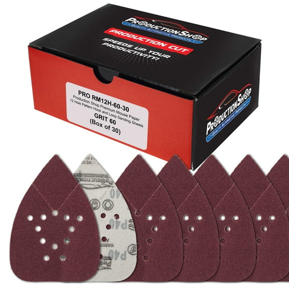 ProductionShop Premium 60 Grit 12-Hole Pattern Mouse Detail Sander Sandpaper Sheets, Box of 30 - Dustless Hook & Loop Triangle Shaped Mouse Disc Pads - Fits Black & Decker, Woodworking Wood Furniture