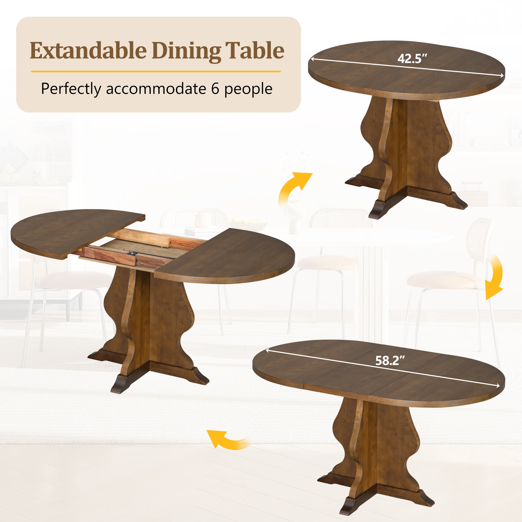 Euroco 5-Piece Round Dining Table Set for 4, 58" Extendable Kitchen Table with 4 Upholstered Chairs,Solid Wood Dining Set for Small Space,Brown