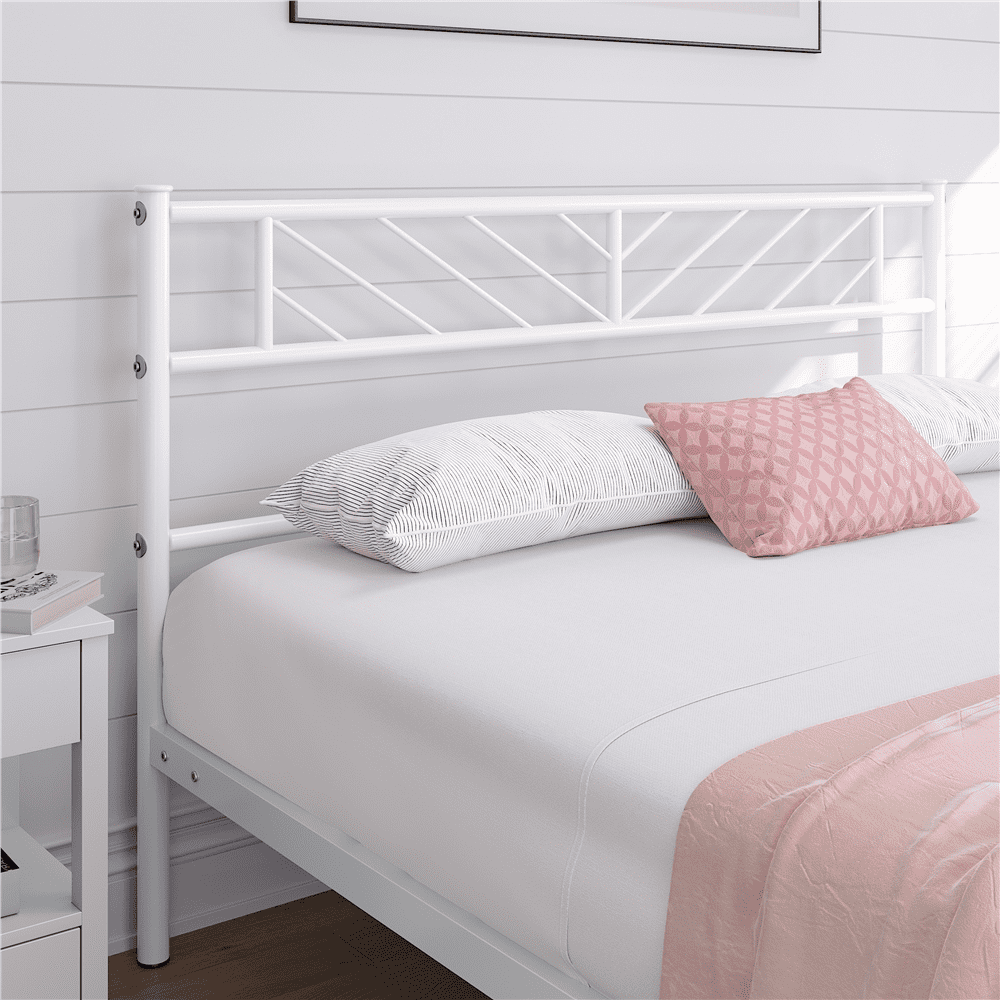 Fullfurnique Minimalist Metal Platform Bed with Arrow Design Headboard for Adult, Queen, White