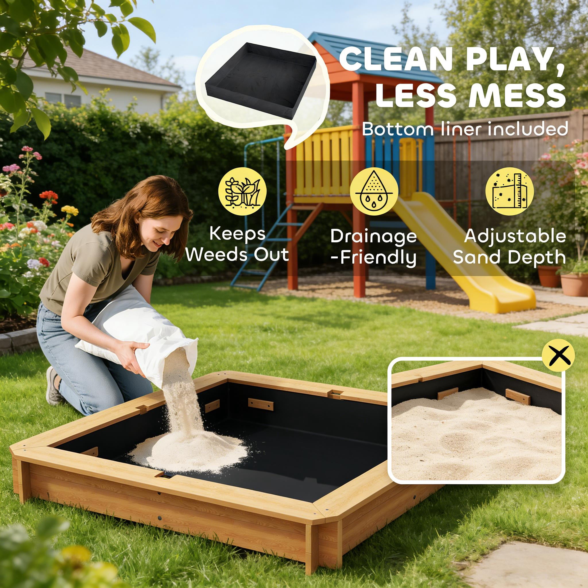 Kids Wooden Sandbox with Adjustable Canopy & Convertible Lid, Detachable Backrest Benches, Non-Woven Bottom Liner, Light Brown Fir Wood Outdoor Sand Pit, Ages 3-7
