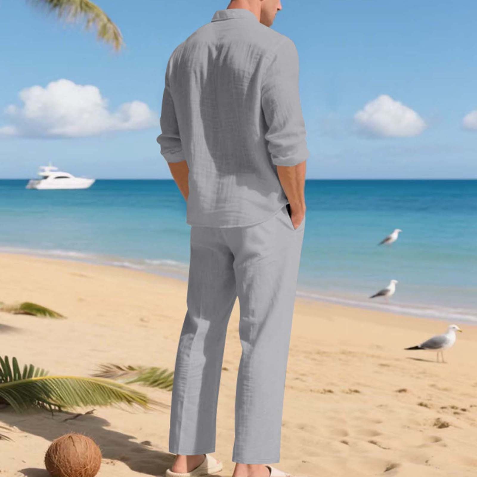 Men's Linen Casual Outfits Piece Solid Color Cuban Shirt and Pants Set Lightweight Beach Vacation Suit