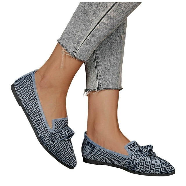 Womens Classic Knit Dress Shoes Ladies Spring Fall Mesh Pointed Toe Low Heel Slip on Ballet Flats Walking Oxfords Loafers
