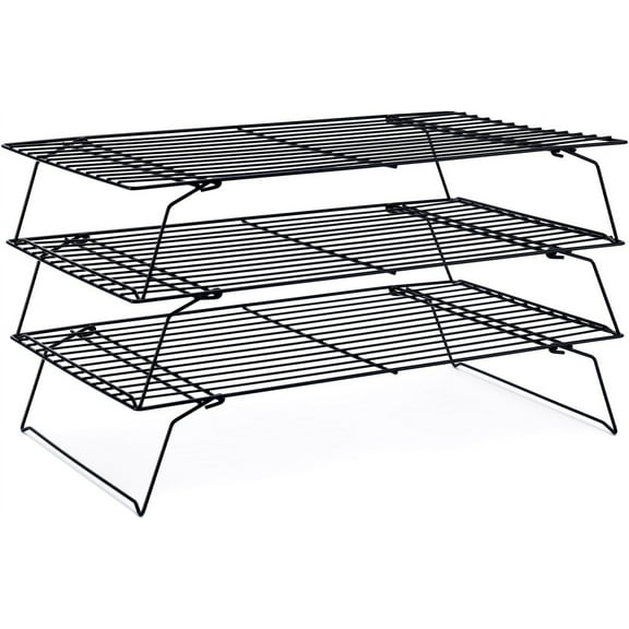 WarmHaven Cooling Rack for Baking 3 Tiers, 16" x 10" Cookie Cooling Wire Rack Stackable Collapsible Nonstick, Stainless Steel Baking Cooking Cooling Racks with Optimum Air Flow, Black