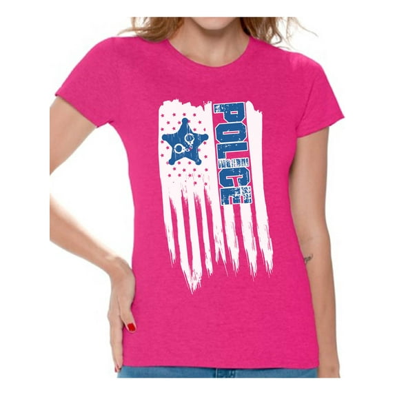 Awkward Styles American Flag Police Women Shirt USA Gifts Retro USA Police T shirt for Women 4th of July Gifts Pro America Police Women Tshirt Poud American 4th of July Police T-shirt for Women