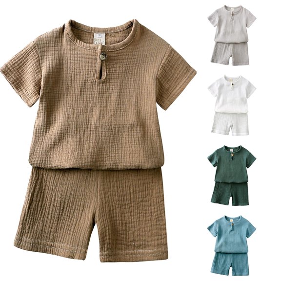 Toddler Boys' 2-Piece Outfit Set Solid Color Short Sleeve Crew Neck T Shirt Tops and Shorts Clothes Sets Size 2-3T ,Brown