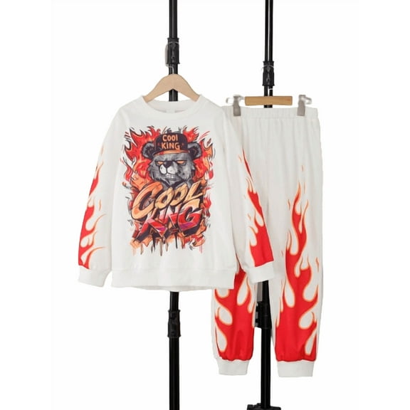 Mikrdoo 9 Years Kid Boys 10 Years Big Boys Outfits Flame Bear Print Long Sleeve Sweatshirt And Jogger Pants 2Pcs Comfy Fall Winter Clothes White
