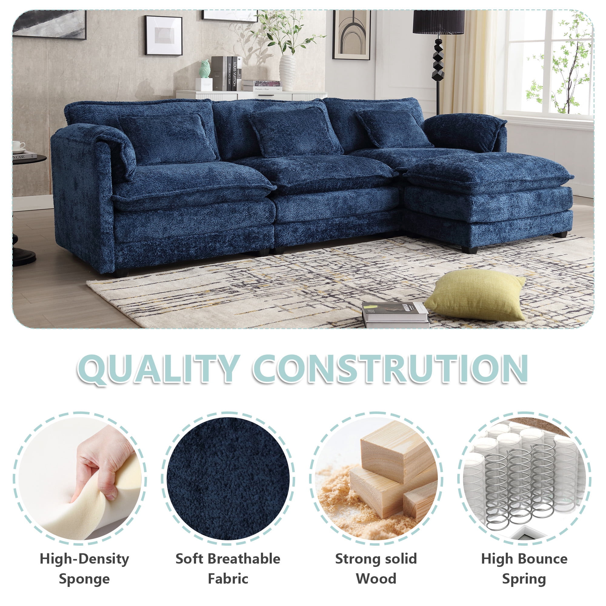 MOONMISS Chenille Upholstered L-Shape Comfy Oversized Modular Sectional Sleeper Sofa with Moveable Ottoman-Navy Blue