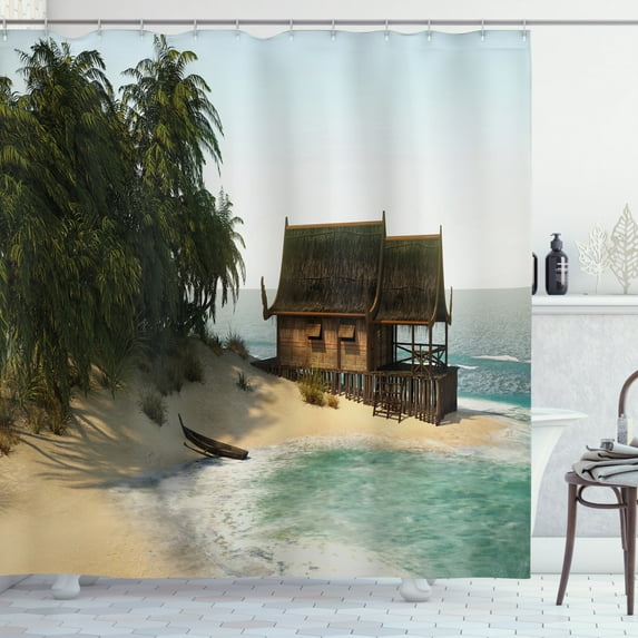 Travel Shower Curtain, Illustration of a Relaxing Island House on the Coast with Palm Trees Exotic Vacation, Fabric Bathroom Set with Hooks, 69W X 75L Inches Long, Multicolor, by Ambesonne