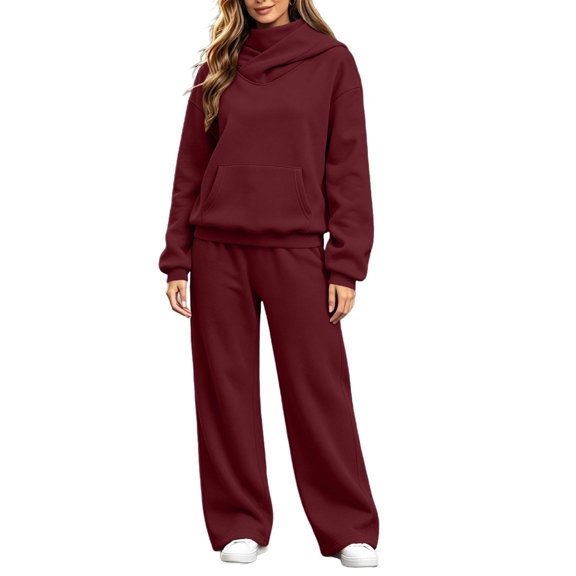 vdgthytj Sweatsuits Women 2 Piece Outfit Cowl Neck Hooded Pullover Tops Wide Leg Pants Fall Winter Athleisure Sets(X-Large,Wine)