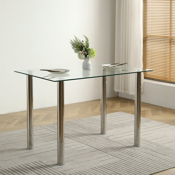Kadyn Tempered Glass Dining Table, Stainless Steel Kitchen Table for 4 Person, Modern Dining Room Table for Home Office, Transparent