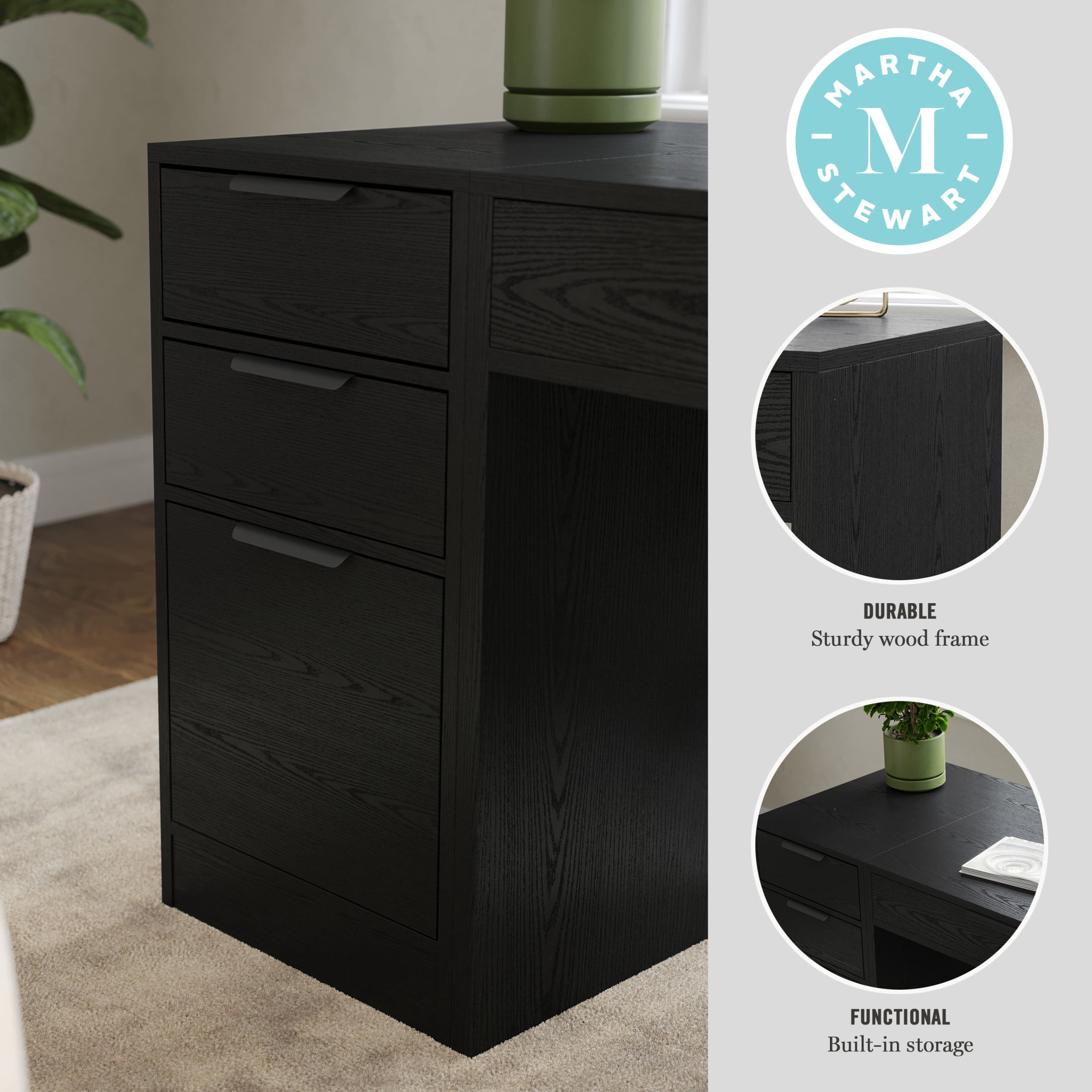 Martha Stewart Home Office Modular 3 Drawer File Cabinet in Black with Oil Rubbed Bronze Hardware