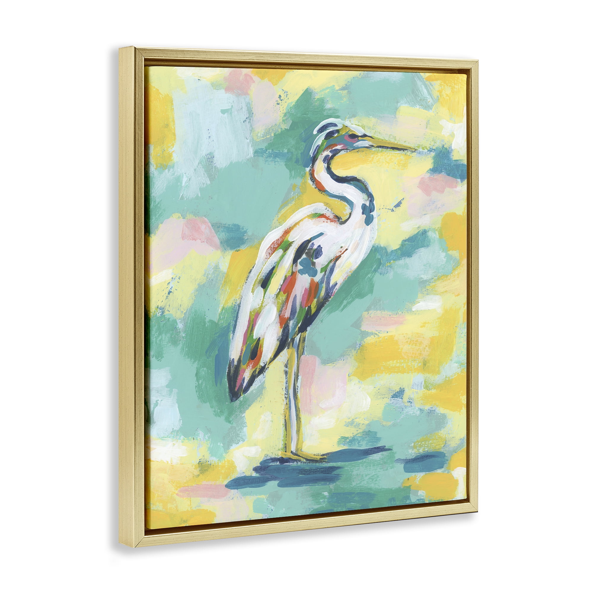 Stupell Industries Blue & Yellow Heron Bird Animals Painting Gold Floater Framed Canvas Art Print Wall Art, 25 x 31