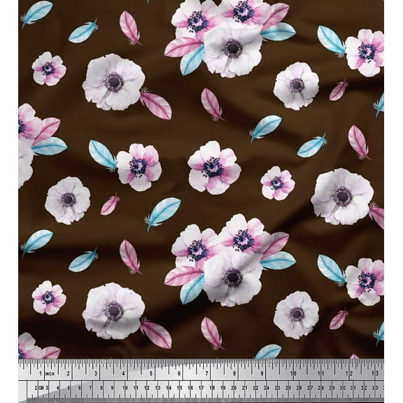 Soimoi Brown Cotton Duck Fabric Feathers & Anemone Floral Print Fabric by the Yard 42 Inch Wide