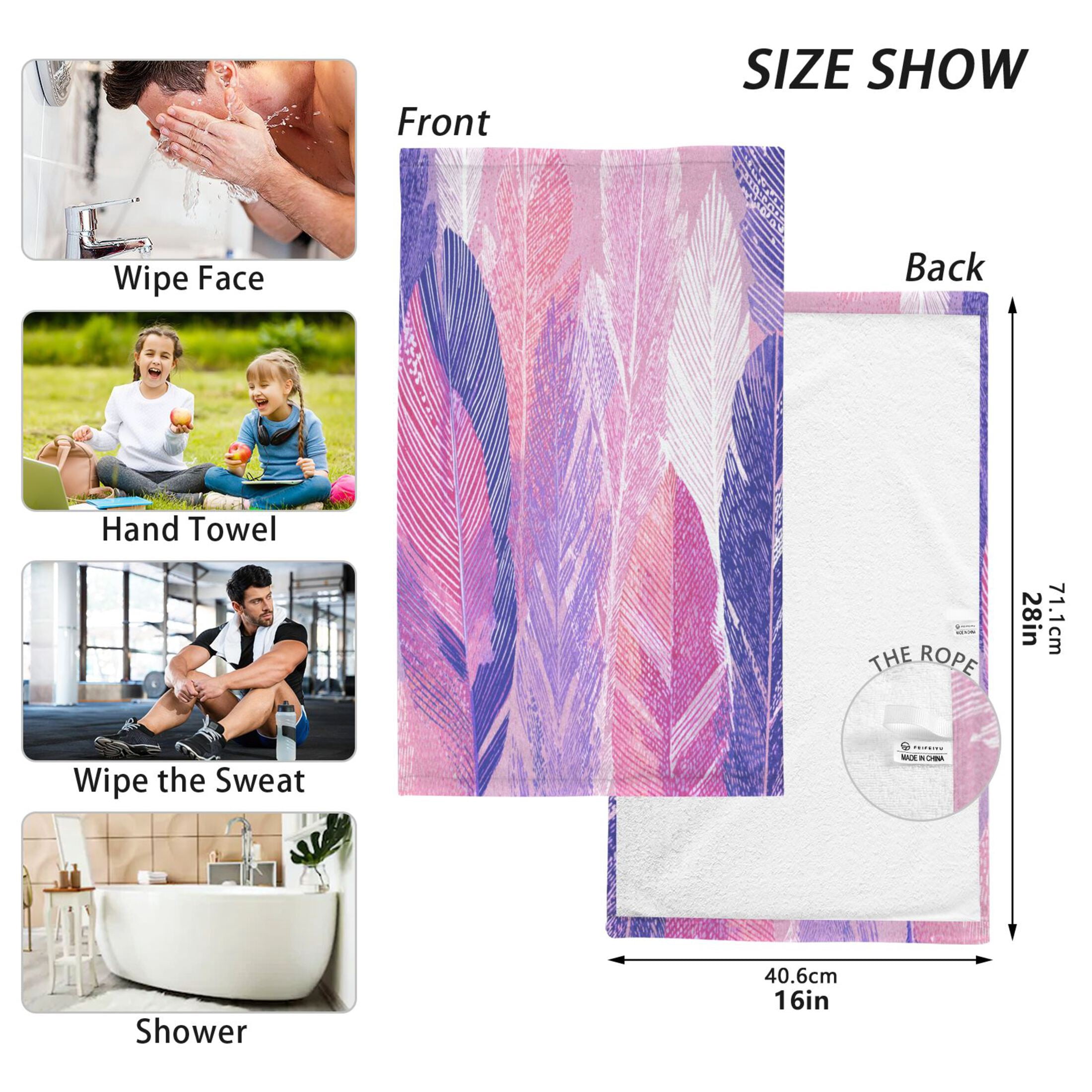 2 Pieces of Cotton Towel Face Towel Set Hand Towel Bath Towel Cotton Bath Towel Sets Magenta Plume Watercolor Strokes