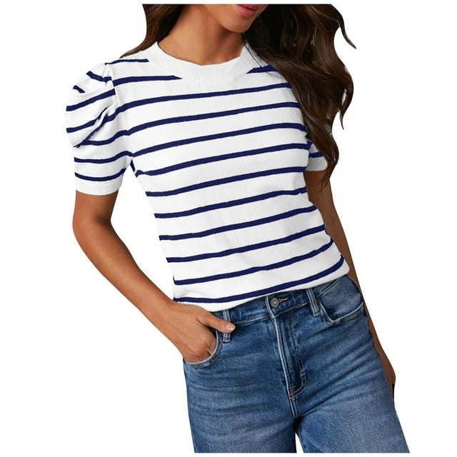 Birdeem Hauts en Tricot à Manches Courtes Bouffantes pour Femmes T-Shirts à Col Rond Rayés Tendance Blouses d'Été Décontractées
