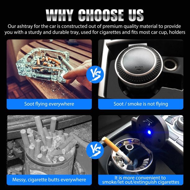 TAKAVU Car Ashtray (1-Pack), Easy Clean Up Detachable Stainless Car Ashtray  with Lid Blue Led Light and Removable Lighter for Most Car Cup Holder