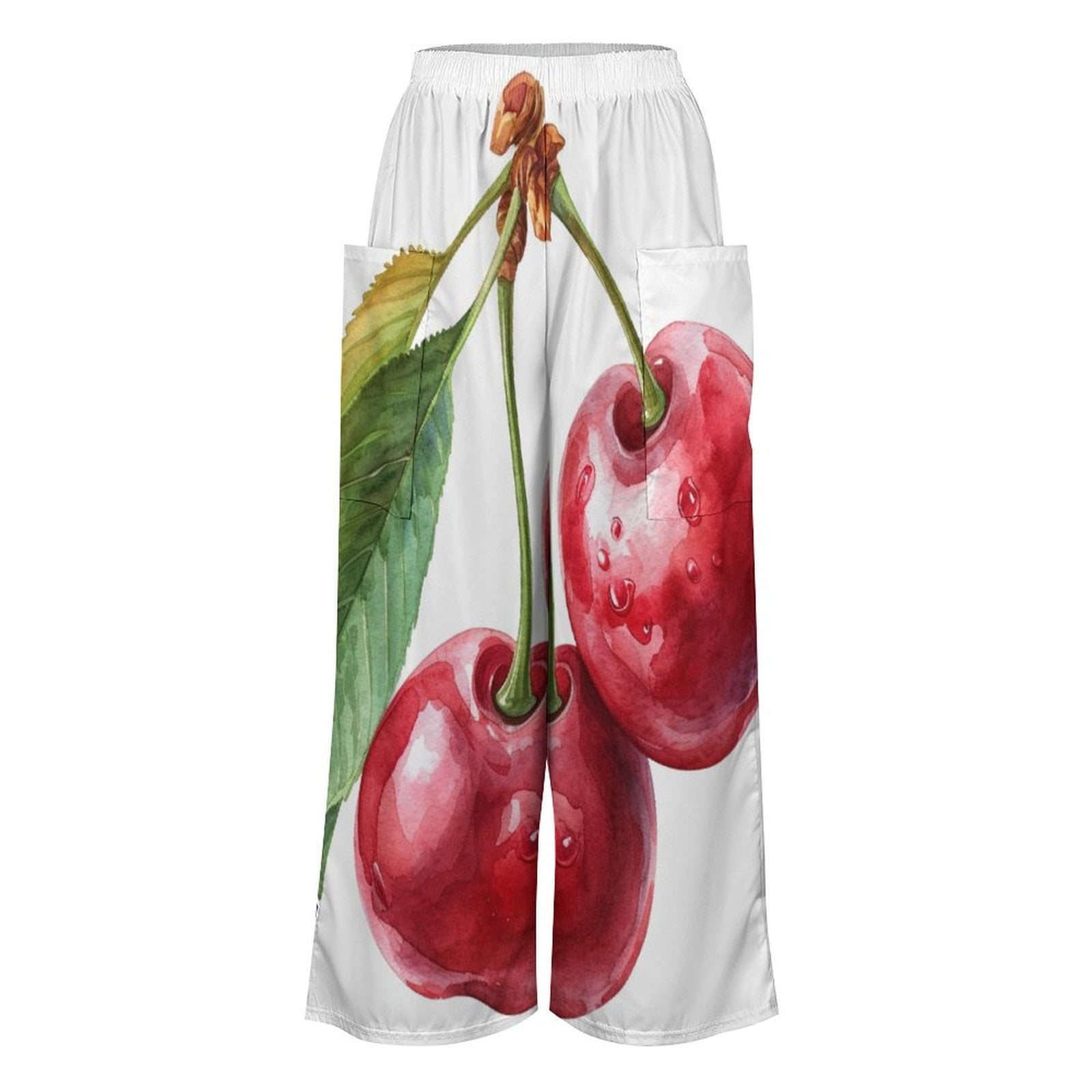 パンツ KIRSH Women's Small Cherry Cotton Pants KA Beige FKPWCPC520M Cherries with Leaf on Top of Them Straight Leg Trousers for