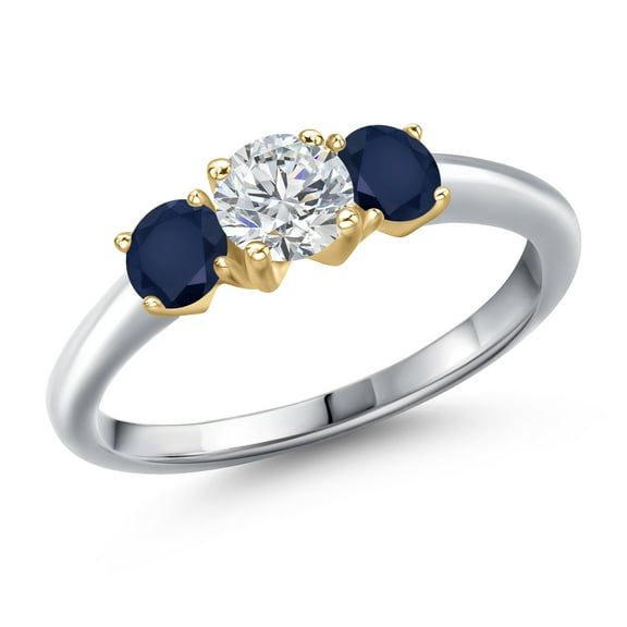 Gem Stone King 10K Two Tone Gold Lab Grown Diamond and Blue Sapphire Engagement Ring for Women | 1.20 Cttw | Round 5MM | Gemstone April Birthstone | Size 5