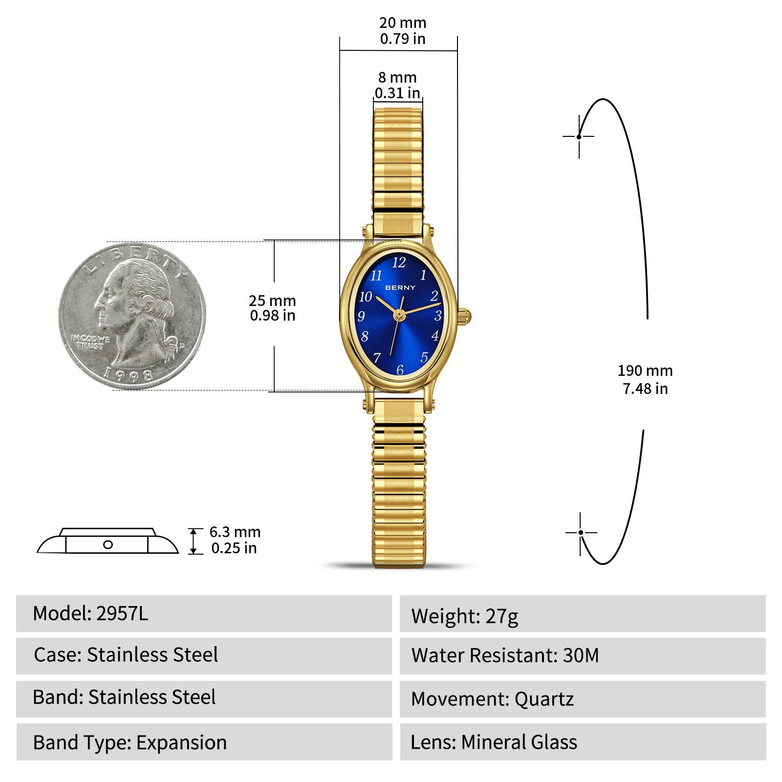 BERNY Gold Watches for Women, Vintage Women's Wrist Watch with Oval Dial, Expansion  Band, 3ATM Waterproof, Dainty Ladies Analog Quartz Watches, Blue