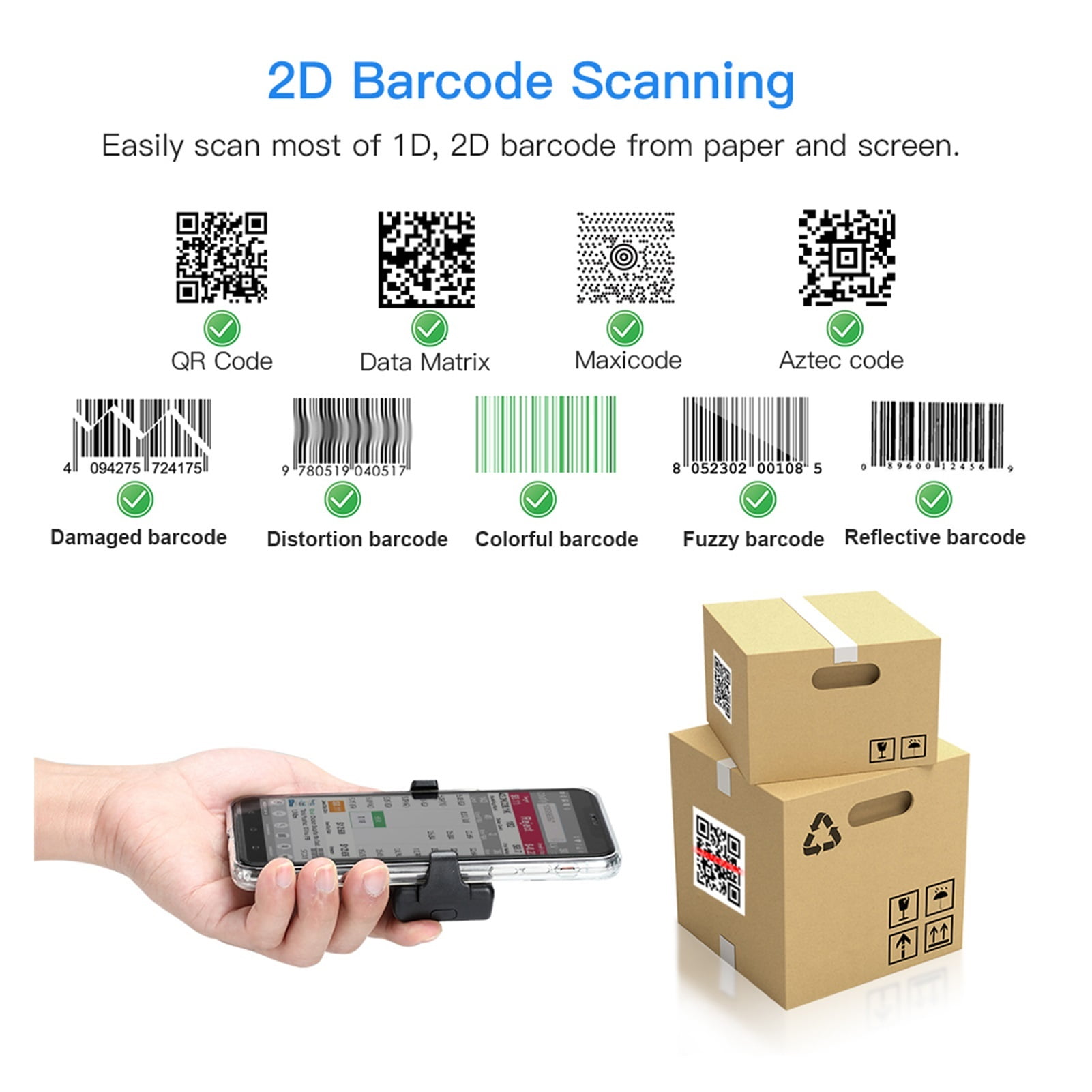 2D Bluetooth Barcode Scanner Wireless Back Clip-on Phone Bar Code Scanner Adjustable For 1D QR PDF417 Code Reader ,Easy to Operate