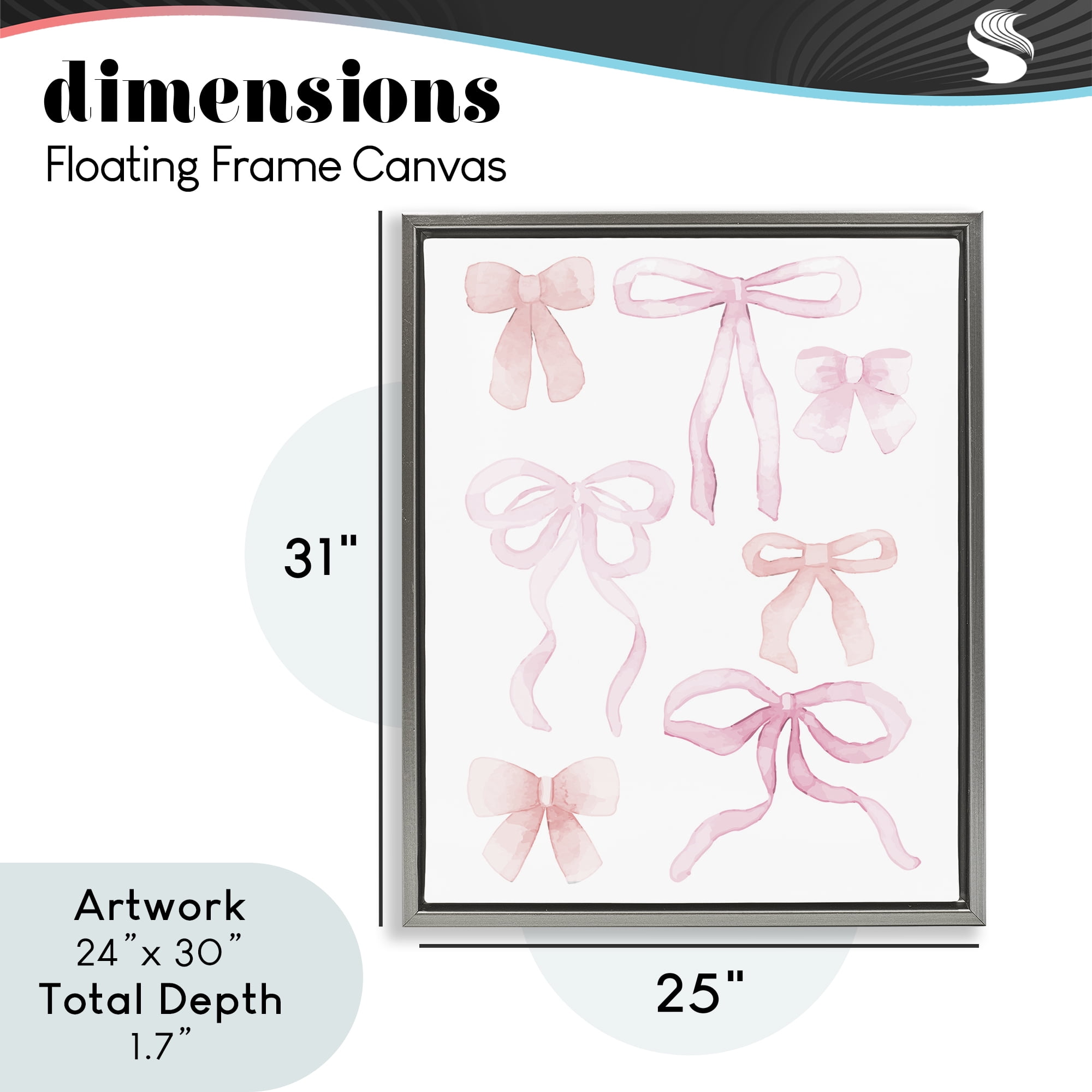 Pink Watercolor Bows Gray Framed Floater Canvas Wall Art, design by Kim Allen